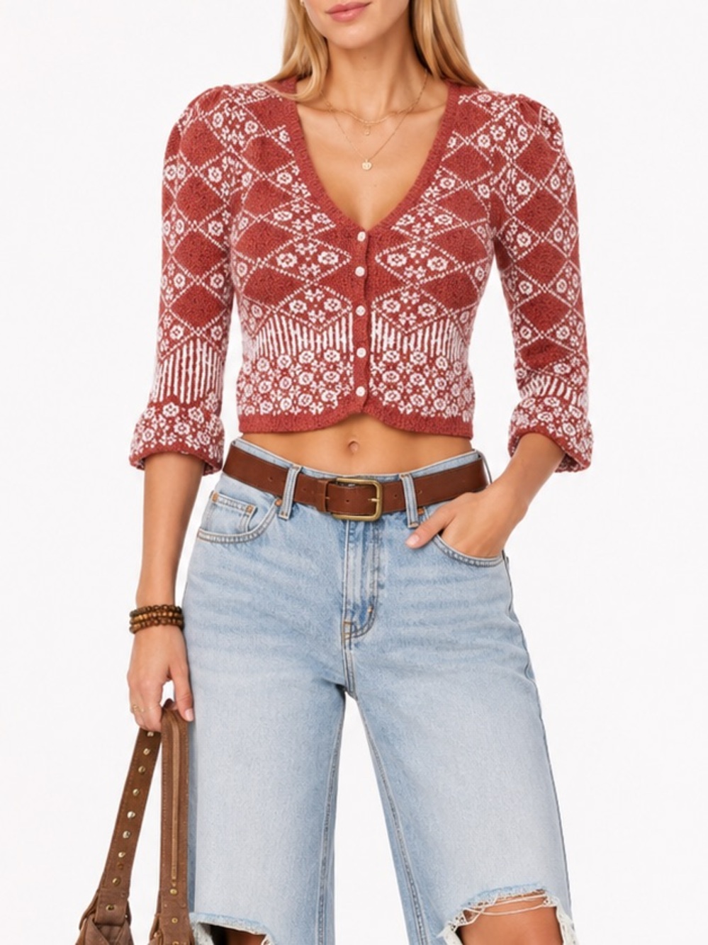 FREE PEOPLE Geo Floral Puff Sleeve Cardigan in Orchid Cinnamon - Size XS - NWT
